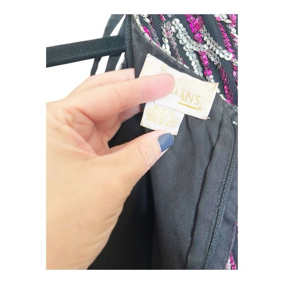 Roamans Silver/Hot Pink 80s VTG Wavy Sequin Maxi Dress Scallop Hem Sz B2=L - Picture 7 of 7